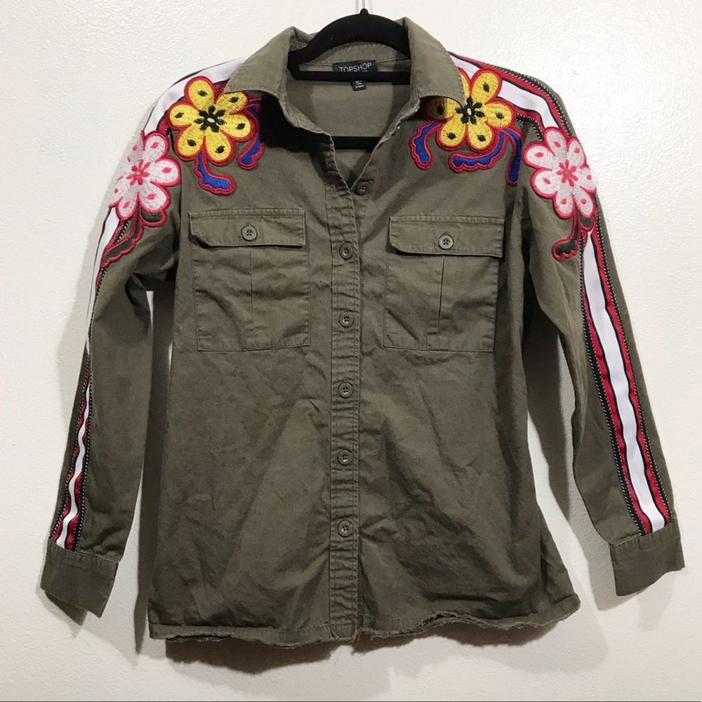 TopShop Floral Embroidered Olive Military Jacket